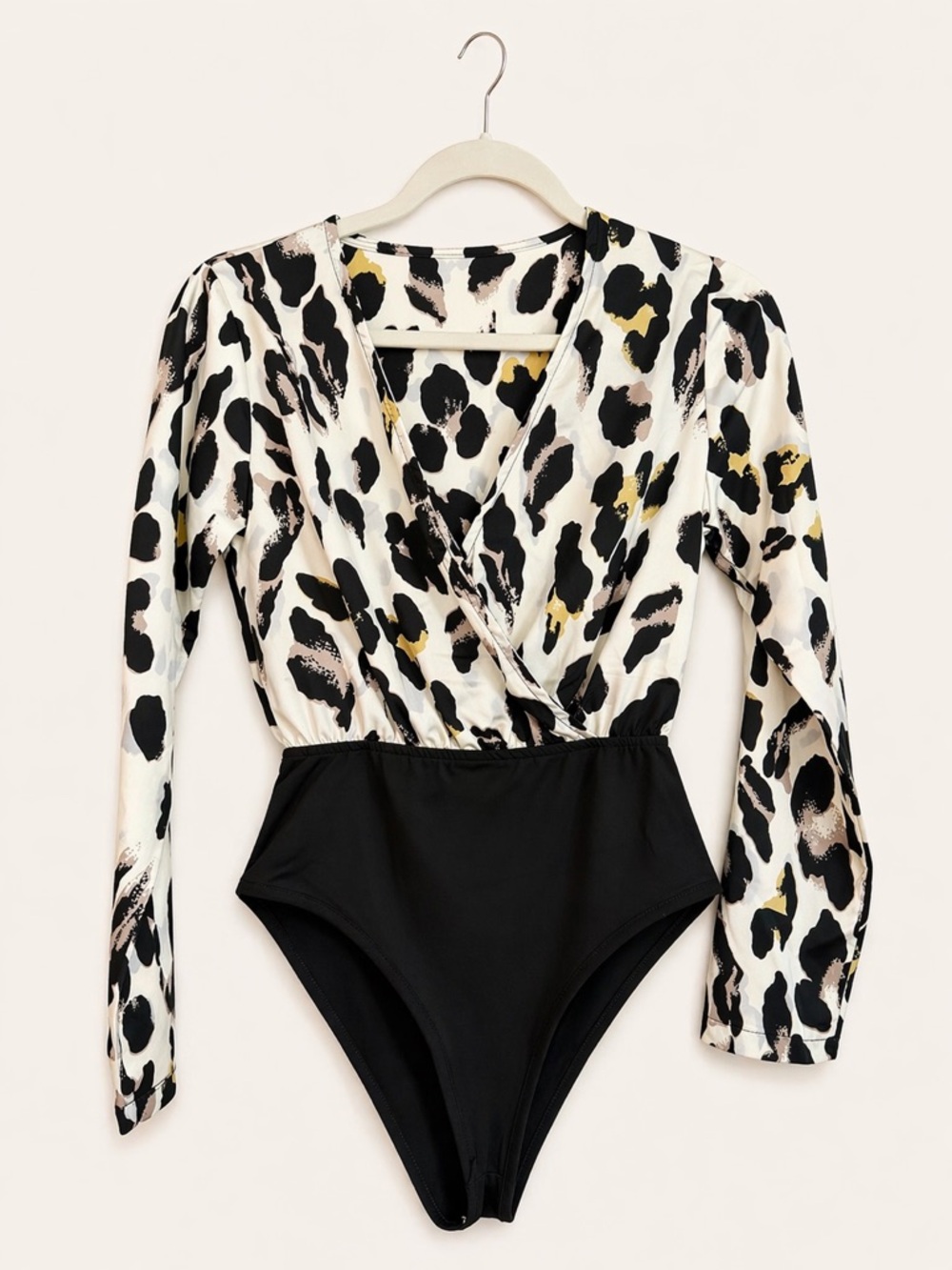Leopard Print Long Sleeve Bodysuit – Plunge Neck, Size Small